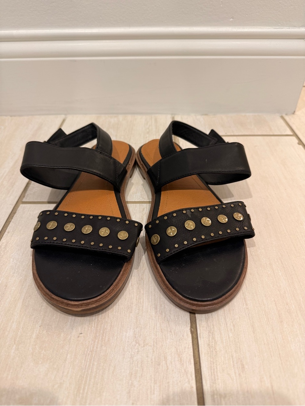 Lucky Brand Black Studded Leather Sandals with Gold Accents